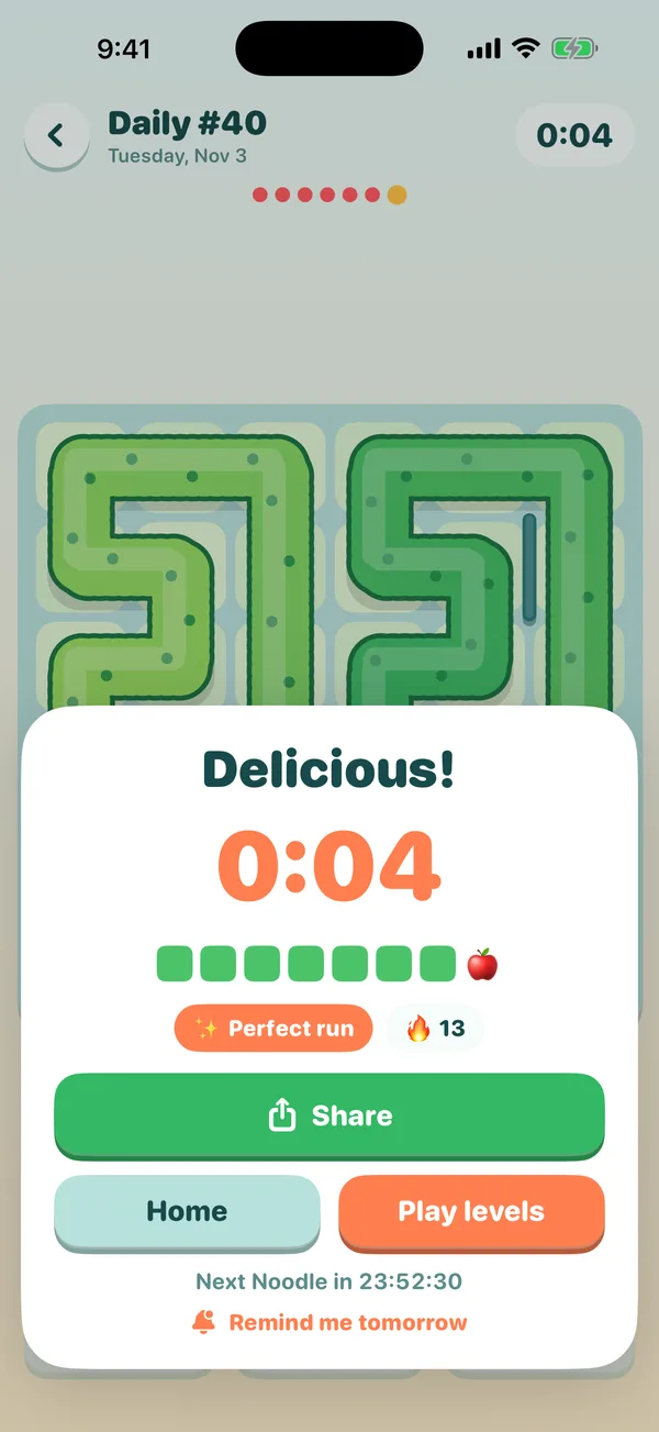 The result card after solving the daily Noodle